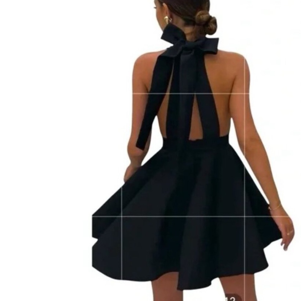 Commense Black Backless Halter Bow Mini Dress
